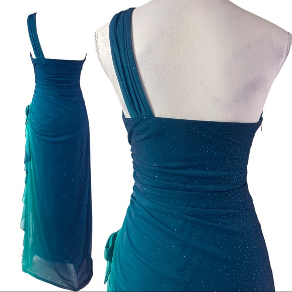 Shimmery Teal Ruched Gown - Picture 3 of 6